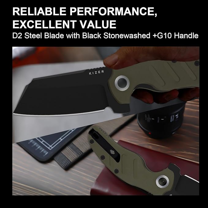 Kizer C01C XL Sheepdog Pocket Knife, 3.9" D2 Sheepsfoot Blade EDC Folding Knife with Green G10 Handle, Liner Lock, Flipper, and Pocket Clip, Camping Survival Knives for Men Women, V5488M1