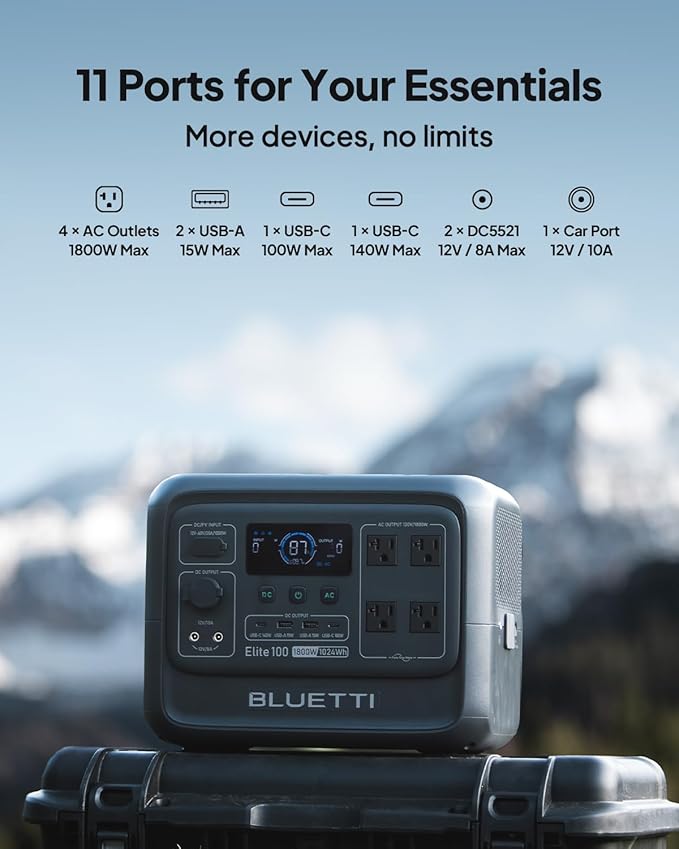 BLUETTI Elite 100 V2 Solar Generator with 200W Solar Panel and Charger 1 (Ship Separately), 1024Wh Portable Power Station w/ 1800W Power, 560W DC-DC Car Charger, for Camping, Road Trips, RV (2025 New)