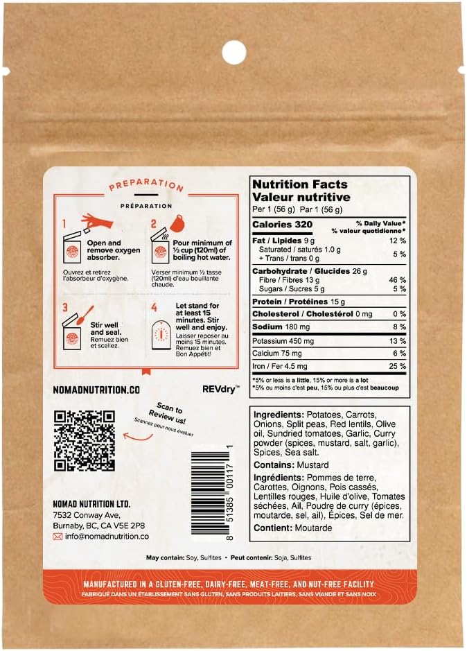 Nomad Nutrition ??Indian Red Lentil Stew | High Energy, All Natural Ingredients | Plant-Based & Non-GMO| Just Add Boiling Hot Water | 112g / 4oz (Pack of 1)