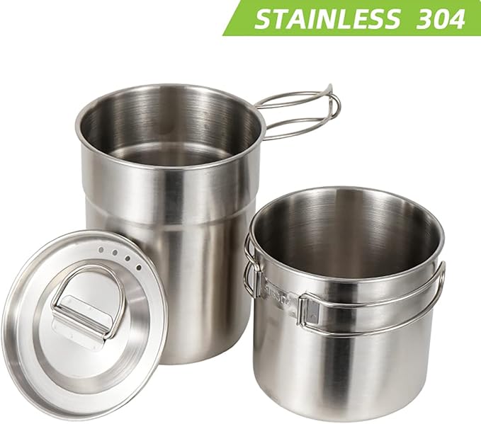 Camping Cups and Mugs Pot 2Pcs -304 Food Grade Stainless Steel - Outdoor Cookware Set with Vented Lid -33oz Big+24oz Small for Backpacking Picnic Hiking