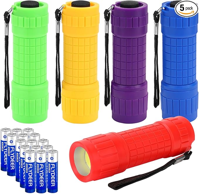 KunHe 5 Pack Plastic Small Mini LED Flashlight COB Flashlights for Kids 100 Lumen with Batteries High CRI for Bright Flash Light Christmas Gifts Stocking Stuffers