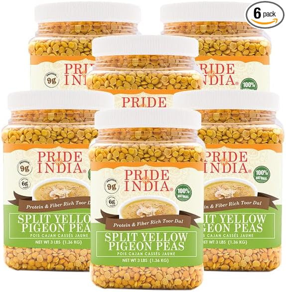 Pride Of India - PACK of 6 - Indian Split Yellow Pigeon Peas - Protein & Fiber Rich Toor (Arahar) Dal, 3 Pound Jar