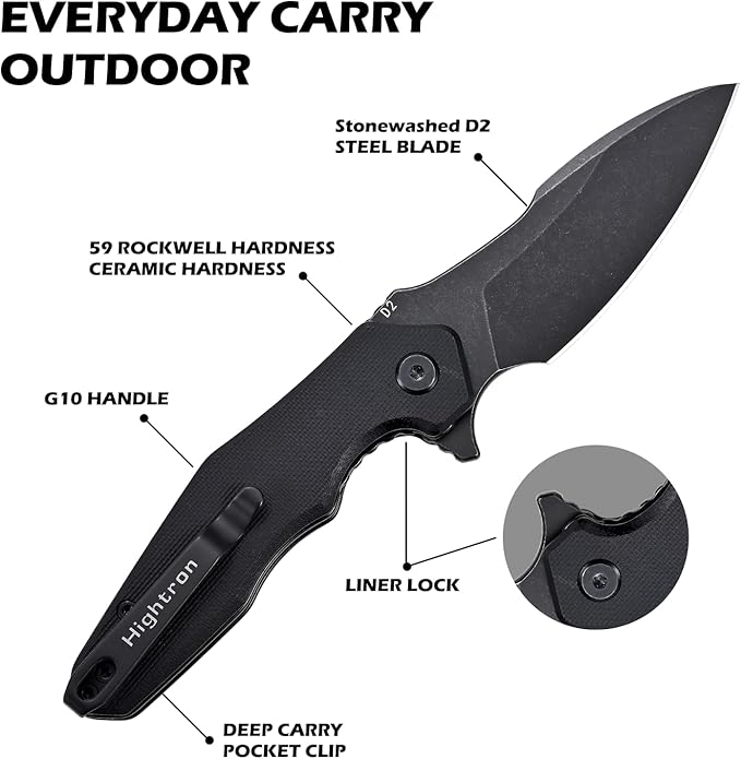 Hightron Mini Ventura Flipper Folding Knife for EDC, Liner Lock Pocket Knife with 2.85" Stonewashed D2 Blade plus Ultra-Grip G10 Handle Compact Gifts for Men Women Camping Black-B