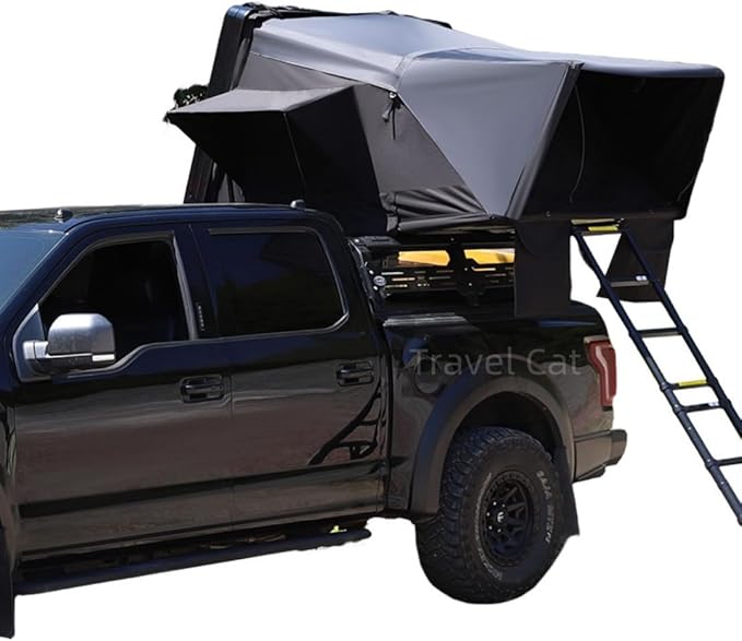 Travel Cat Rooftop Tent Hard Shell - Travel Cat Loft Overland Aluminium Roof Top Tent 4 Sides Windows & AC Duct Hole& Lights Belt for Car SUV Truck Camping for 2-3 People (Black)