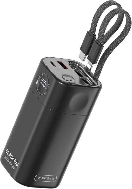 Portable Power Bank, 20,000mAh PD 35W Portable Charger Super Fast Charging with 2 Built-in Cables, USB-C Digital Display Battery Pack for iPhone Air 17/16/15/14/13, MacBook, S24/S25 Ultra