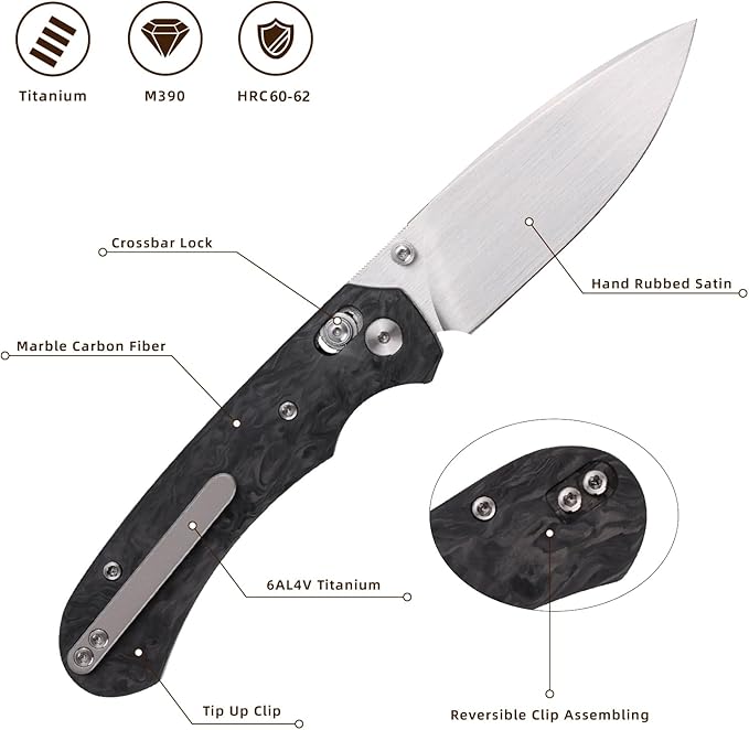 Folding Pocket Knife,3.31” M390 Blade,Erogonomic Titanium Handle,Hunting Survival Knife,EDC Knife for Hunting Camping Survival Outdoor Fishing Hiking（Black&Grey）