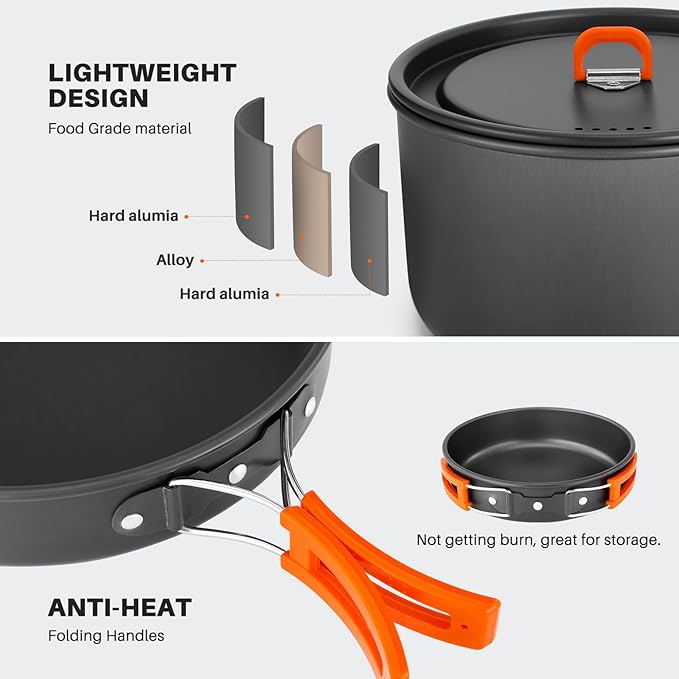 Odoland 15pcs Camping Cookware Non-Stick Lightweight Camping Pots and Pans Set with Plastic Plates Bowls Soup Spoon for Camping, Backpacking, Outdoor Cooking and Picnic