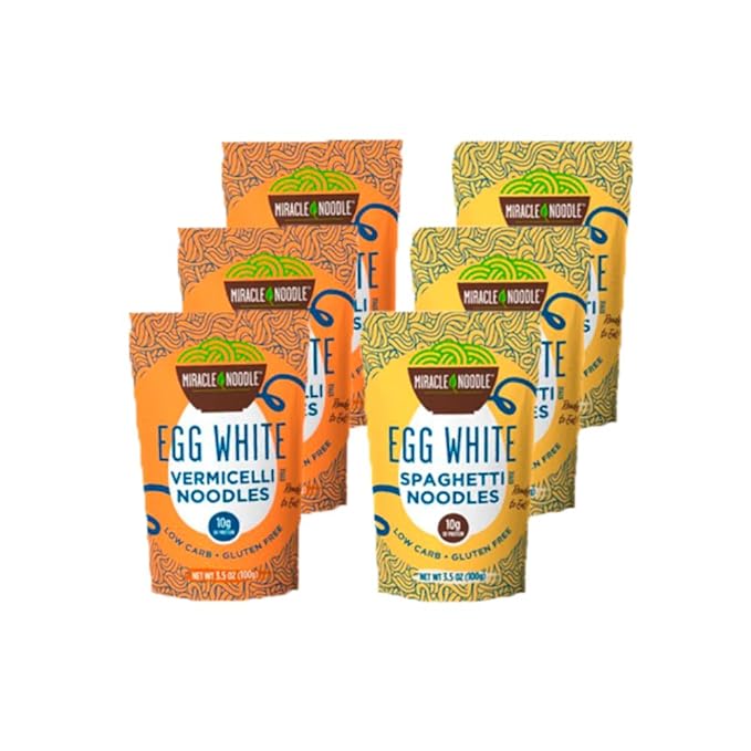 Miracle Noodle Egg White Pasta Variety Pack, 3.5 Oz (Pack of 6), Spaghetti, Vermicelli, Ready to Eat Egg White Noodles, 10g Protein, 45 Calories, 1g Net Carbs Per Serving, High Protein, Keto, Gluten-Free