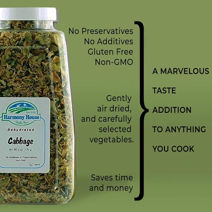 Harmony House Foods Dehydrated Cabbage Flakes - Air Dried Vegetables for Soup and Cooked Dishes, Great for Camping, Survival, and Backpacking, 24 Ounces