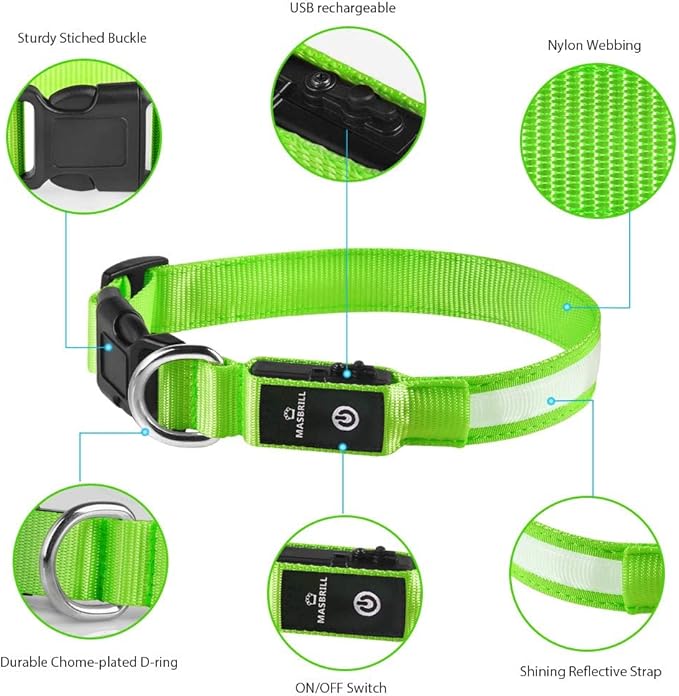 MASBRILL LED Dog Collar,Night Light Up Dog Collars Rechargeable Waterproof Glowing Dog Collar for Small Medium Large Dogs