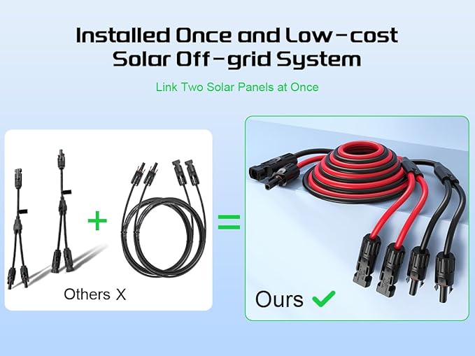 Bateria Power 20FT 12AWG Y-Branch Solar Connectors Extension Cable, Solar Cable Parallel Adaptor Solar Panel Wire in Pair with Female and Male Connectors for Solar Panel (1*M/FF+1*F/MM)