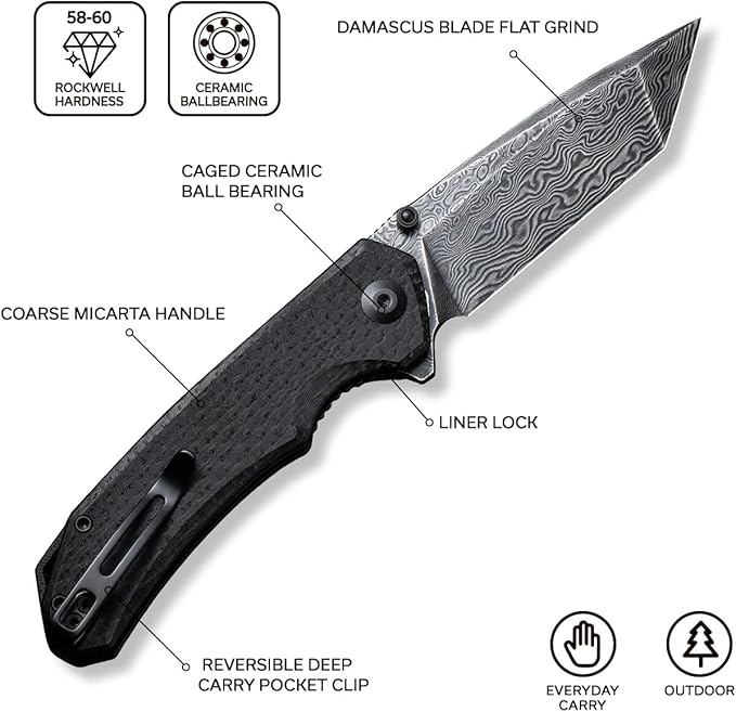 CIVIVI Brazen Pocket Knife,3.5-Inch Tanto Damascus Folding Knife, Micarta Outdoor Camping Hiking Knife with Thumb Studs and Flipper Opener,Unique Tool Gift for EDC Men Women C2023DS-1