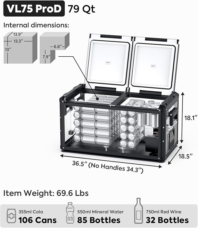 ICECO VL75 ProD Portable Refrigerator, Multi-directional Lid, Dual USB & DC 12/24V, AC 110-240V, 75L Dual Zone Steel Compact Refrigerator Powered by SECOP, 0℉ to 50℉, Home & Car Use [Upgrade]