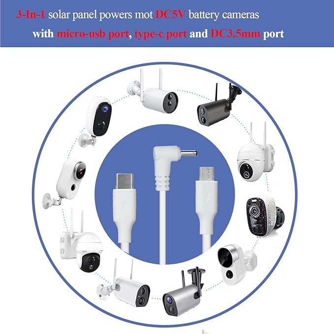 4-Pack 5W Solar Panels for Security Cameras with 360° Adjustable Mounting - IP65 Waterproof - 9.8 Ft Charging Cable - Micro USB & USB-C & DC3.5mm Ports