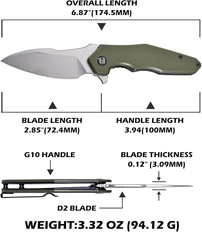 Hightron Mini Ventura EDC Pocket Knife, 2.85" Stonewashed D2 Steel Blade G10 Handle with Pocket Clip, Liner Lock Knife for EDC Camping Survival Hiking Unisex Green-W