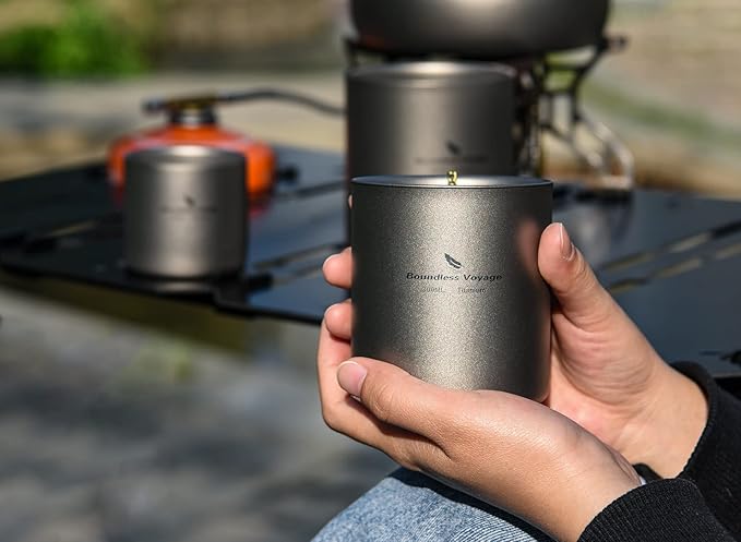 Boundless Voyage 3 in 1 Double Walled Titanium Cup Heat Resistant Mini Tea Drink Cup Outdoor Camping Mug Coffee Cups Camping Accessories Ti15154B