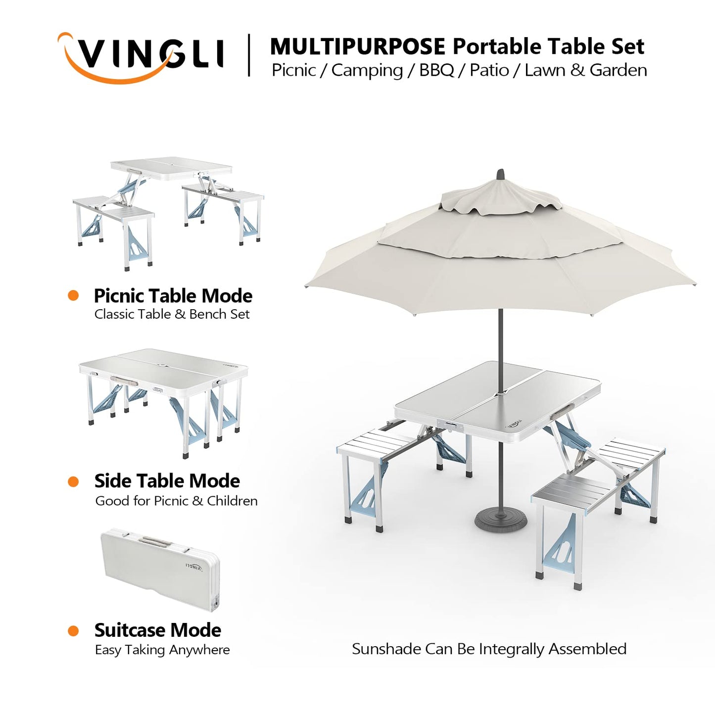 VINGLI 4Ft Folding Camping Picnic Table with Seats/Umbrella Hole-265 Lbs Support that Lightweight