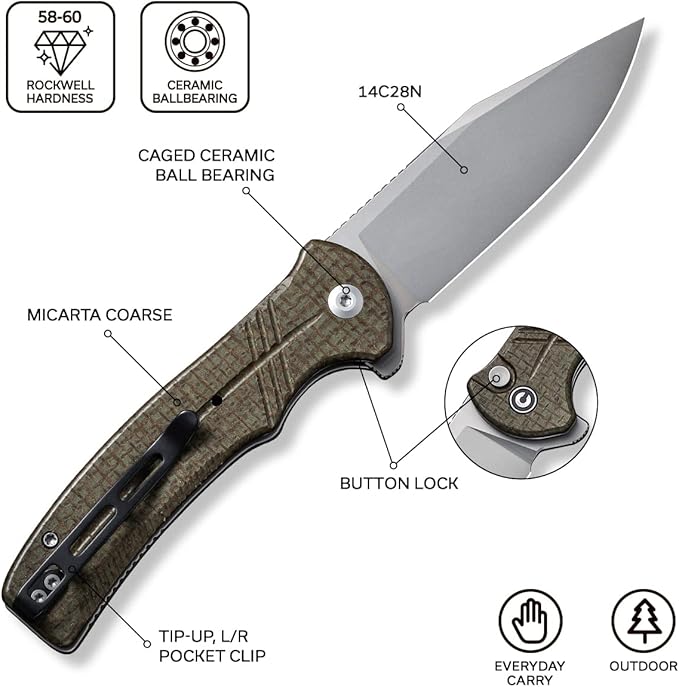 CIVIVI Folding Pocket Knife,Cogent Knife 14C28N Blade Green Micarta Handle for EDC C20038D-5