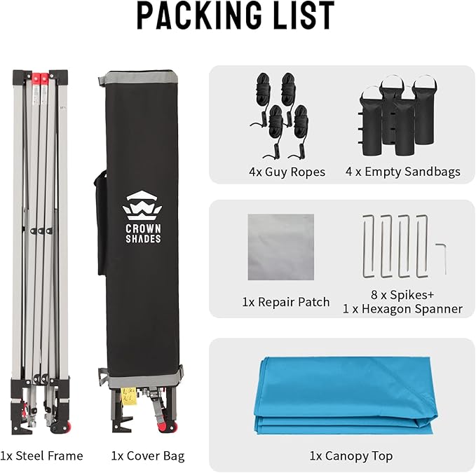 CROWN SHADES 8x8 Pop Up Canopy, Patented Center Lock One Push Instant Popup Outdoor Canopy Tent, Newly Designed Storage Bag, 8 Stakes, 4 Ropes, Silver-Coated Sky Blue