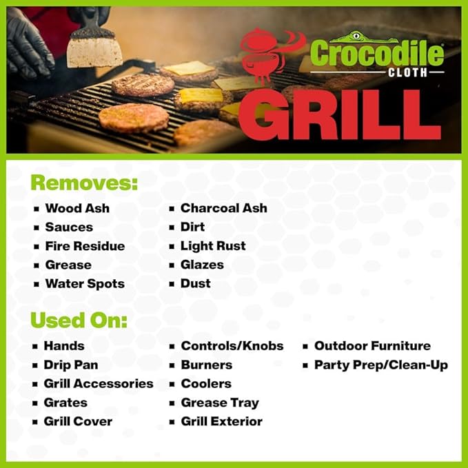 Crocodile Cloth Grill Wipes, 640 Count (8 Packs) ??Extra-Large 15??x 10??Plant-Based Cleaning Cloths, Safe on Skin & Surfaces, Pre-Moistened with Aloe & Vitamin E