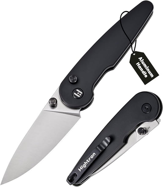 Hightron Birdidi Folding Knife, 2.91" Drop-Point D2 Blade Aluminum Handle, Pocket Knife with Pocket Clip for Camping Survival Hiking Button Lock Knives for Men Women Black-W