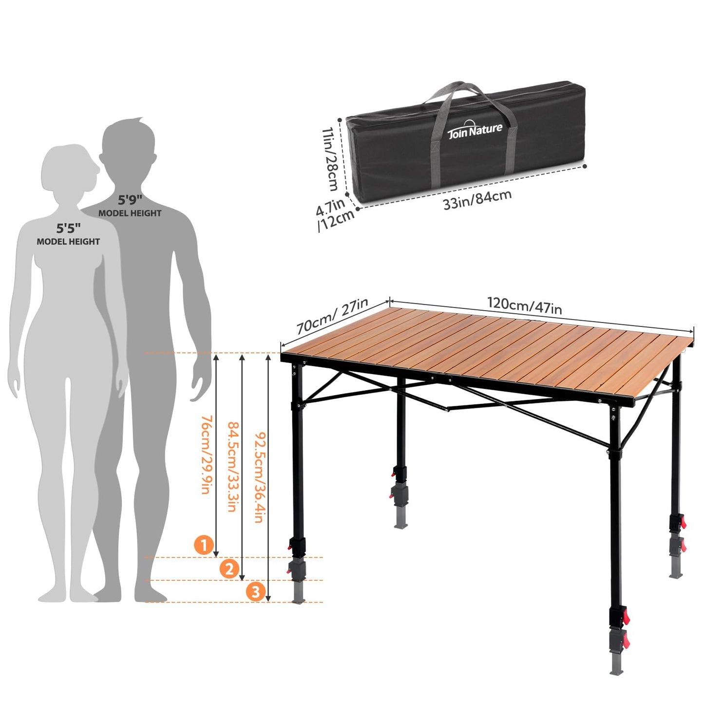 Portable Outdoor Adjustable Height Camping Table, Large for 2-6 Person