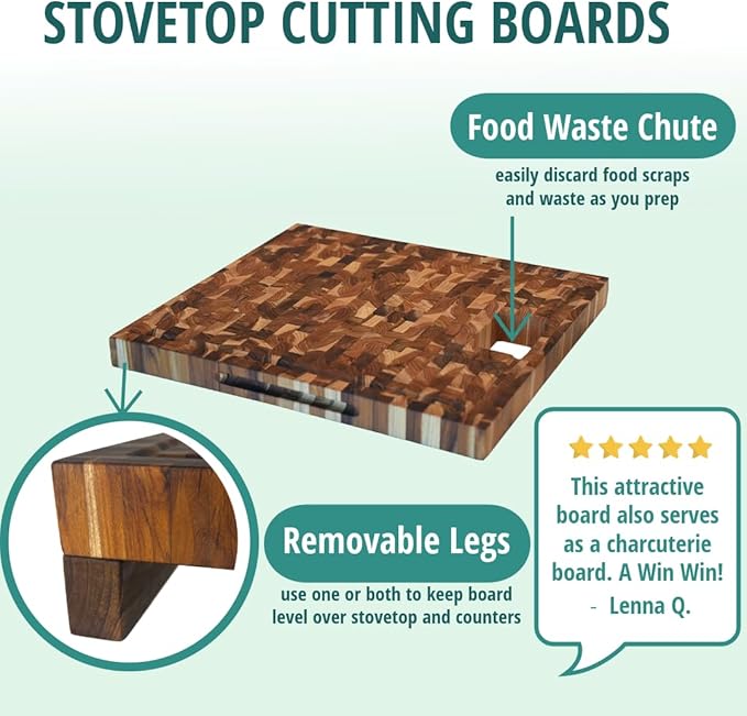 EcoDecors, Teak End Grain Cutting Board 17"x18", FSC Teakwood Butcher Block with Juice Groove, Waste Chute & Handles, Solid Wood Cutting Board for Kitchen, Carving & Stove-Top Prep