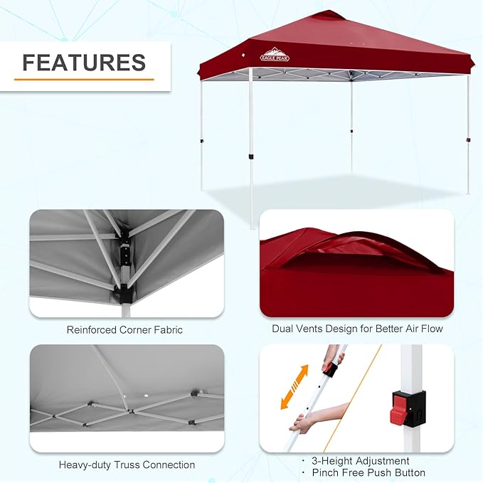 EAGLE PEAK Pop Up Canopy Tent with Wheeled Carry Bag, 8 Stakes, 4 Ropes, 4 Weight Bags, Easy Set Up Tent Canopy, 12x12 ft, 144sqft of Shade, Burgundy