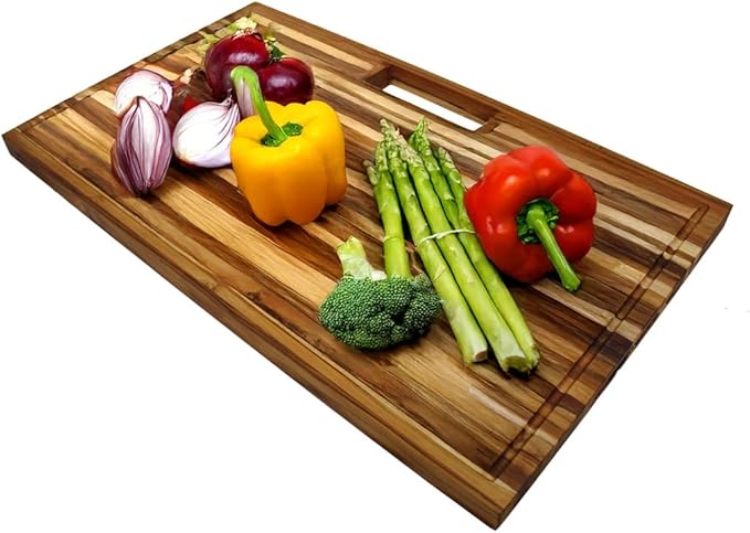 EcoDecors, Teak Edge Grain Cutting Board 34"x20", Extra Large Solid FSC Teakwood Butcher Block with Juice Groove, Handles & Waste Slot, Best Wooden Cutting Board for Kitchen Stove-Top Prep