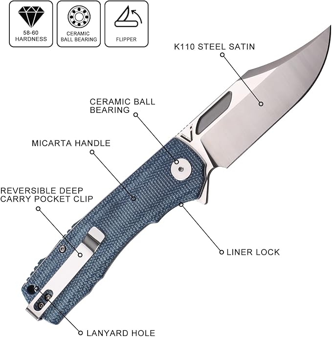 Petrified fish PFP03 Victor,3.58" K110 Satin Blade,140g Micarta Handel Flipper Liner lock Folding knife (Blue Satin)