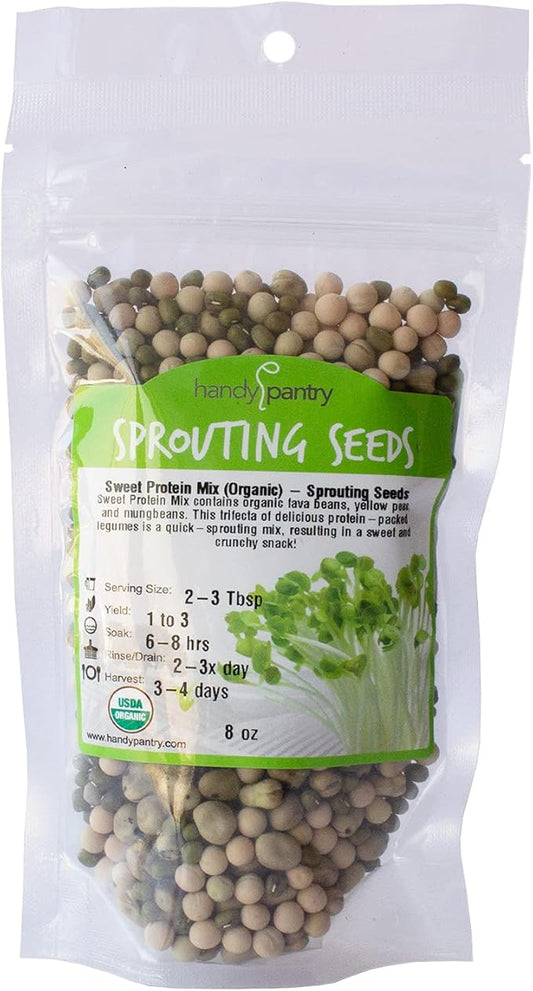 Organic Sprouting Seeds - Handy Pantry Sweet Protein Mix 8 oz. - Fava Bean, Mung Bean, & Yellow Pea Seeds - High Protein Food for Daily Health or Food Storage - Easy and Delicious Organic Sprout Seeds