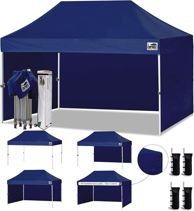 Eurmax USA 10'x15' Pop-up Canopy Tent Commercial Instant Canopies with 4 Removable Zipper End Side Walls and Roller Bag, Bonus 4 SandBags(Navy Blue)