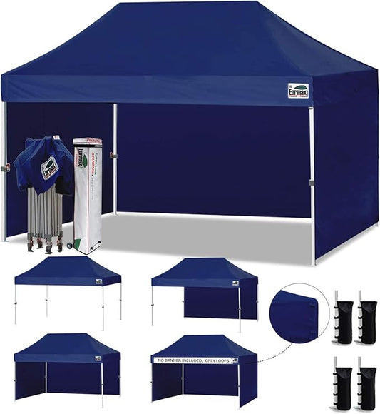 Eurmax USA 10'x15' Pop-up Canopy Tent Commercial Instant Canopies with 4 Removable Zipper End Side Walls and Roller Bag, Bonus 4 SandBags(Navy Blue)