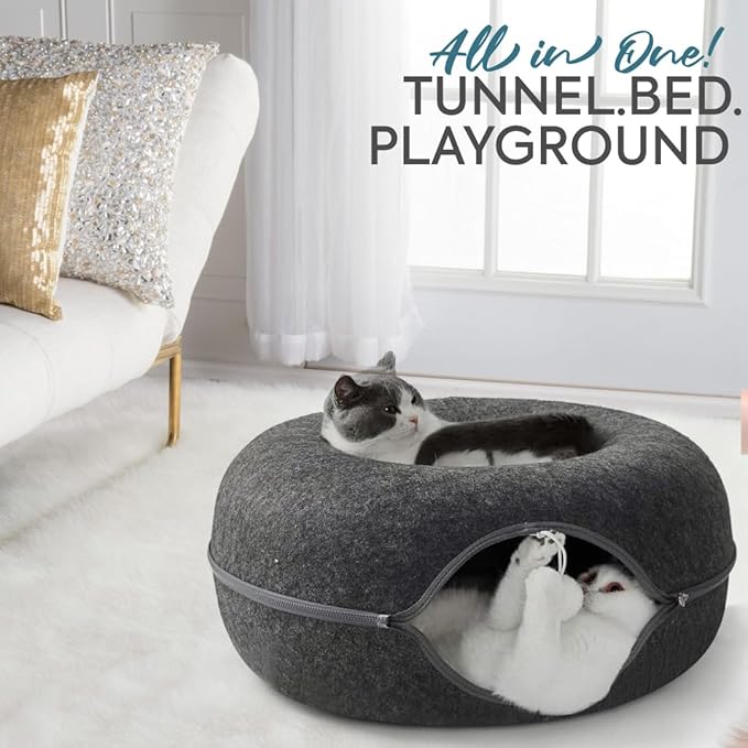 Laluz 2021 Large Cat Tunnel Bed for Indoor Cats Up to 30 Lbs Peekaboo Donut Cave with Catnip and Plush Toys Scratch Resistant Felt Design Detachable and Washable Cat Tunnel (Dark Grey, L)