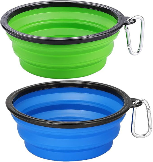 Kytely Large Collapsible Dog Bowls 2 Pack, 34oz Foldable Dog Travel Bowl, Portable Pet Water Food Bowl with Clasp, Pet Cat Feeding Cup Dish for Traveling, Walking, Hiking (Blue+Green)