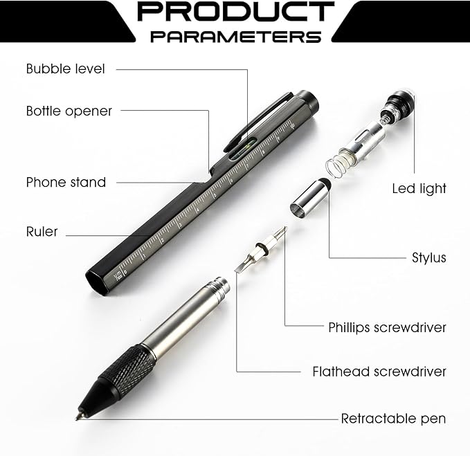 Christmas Gifts Stocking Stuffers for Men,Multitool Pen 9 in 1 Innovative Gift for Men,with LED Light,Ruler, Stylus,Bubble Level,Screwdrivers,Unique Gifts Gadgets for Him,Boyfriend,Husband