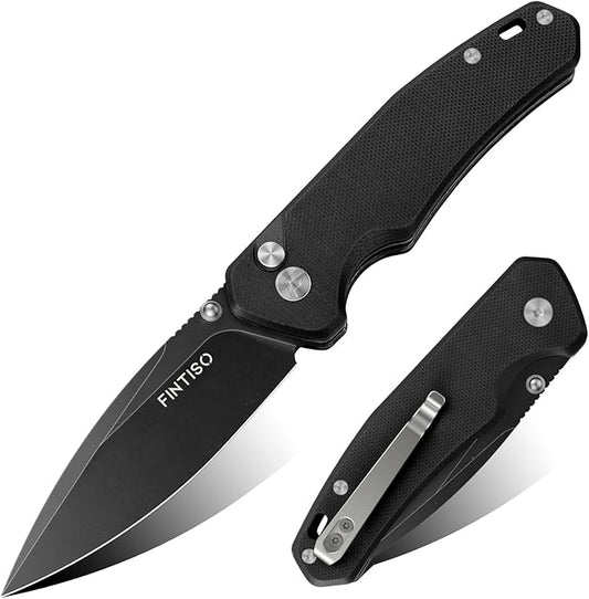 FINTISO Pocket Knife, 3" 14C28N Steel Blade G10 Handle Small EDC knife with Button Lock, Sharp Folding Knife with Pocket Clip for Camping, Survival,Hiking,traveling