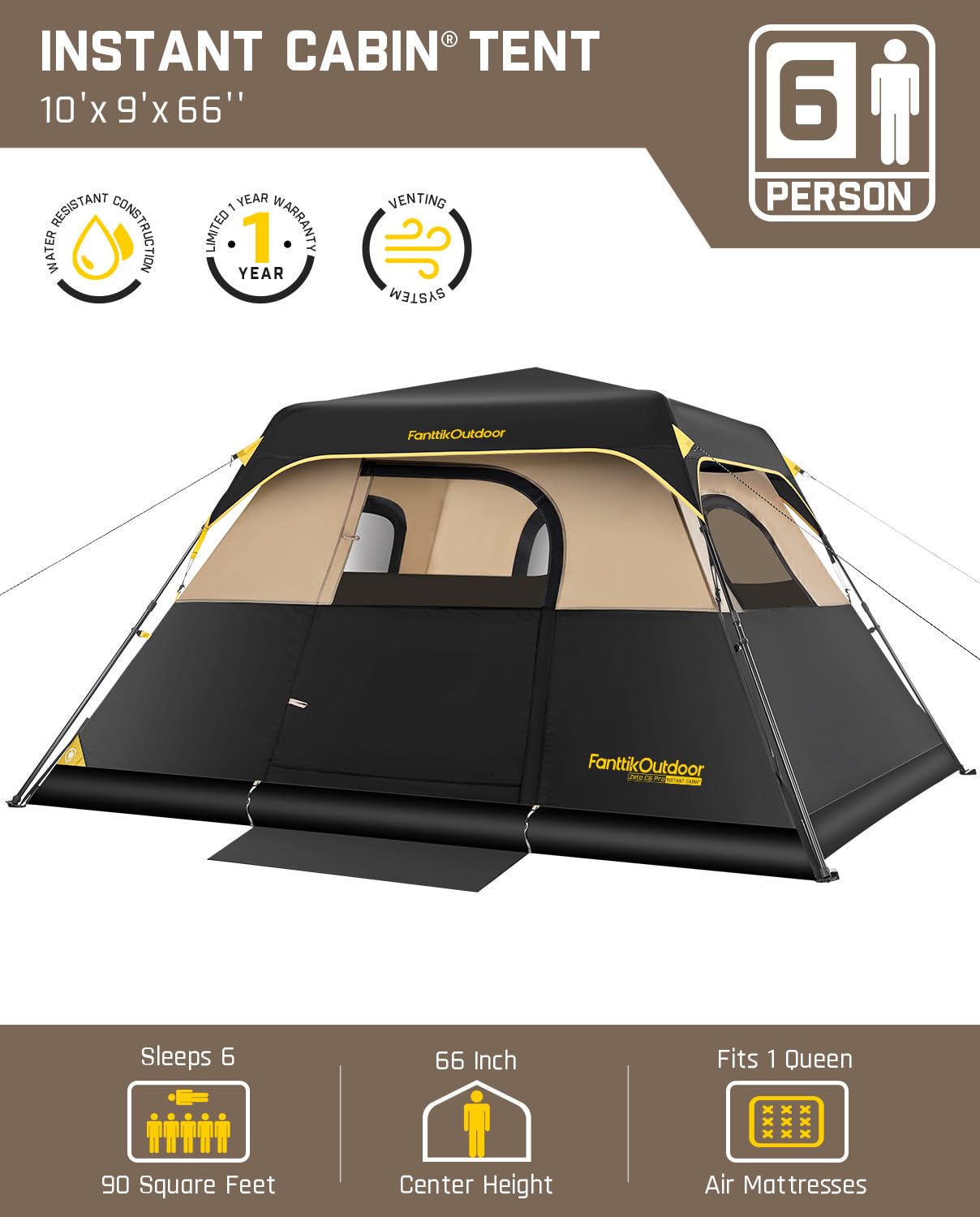FanttikOutdoor Zeta C6 Pro 6 Person Tent for Camping Setup in 60s (Khaki)