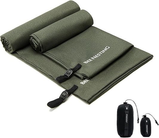 M&S Ultralight Quick Dry Towel - Microfiber Travel & Beach Towel, Compact Packable with Pocket, Ideal for Camping, Gym & Swimming (Olive drab, 2 Set)