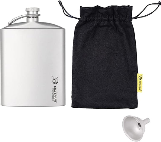 SILVERANT Titanium Hip Flask 220ml/7.74 fl oz, Ultralight Portable Leakproof Pocket Flask Flagon With Screw Cap Clip, Drawstring Cloth Case & Pouring Funnel
