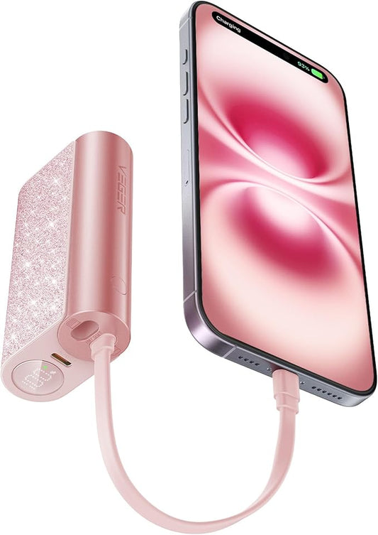 VEGER Compact Portable Charger with Built in Cable(Removable), 10000mAh Cute Power Bank 20W Fast Charging, Sparkling Battery Pack Fashion Travel Accessory Compatible with iPhone 15/14, Android-Pink