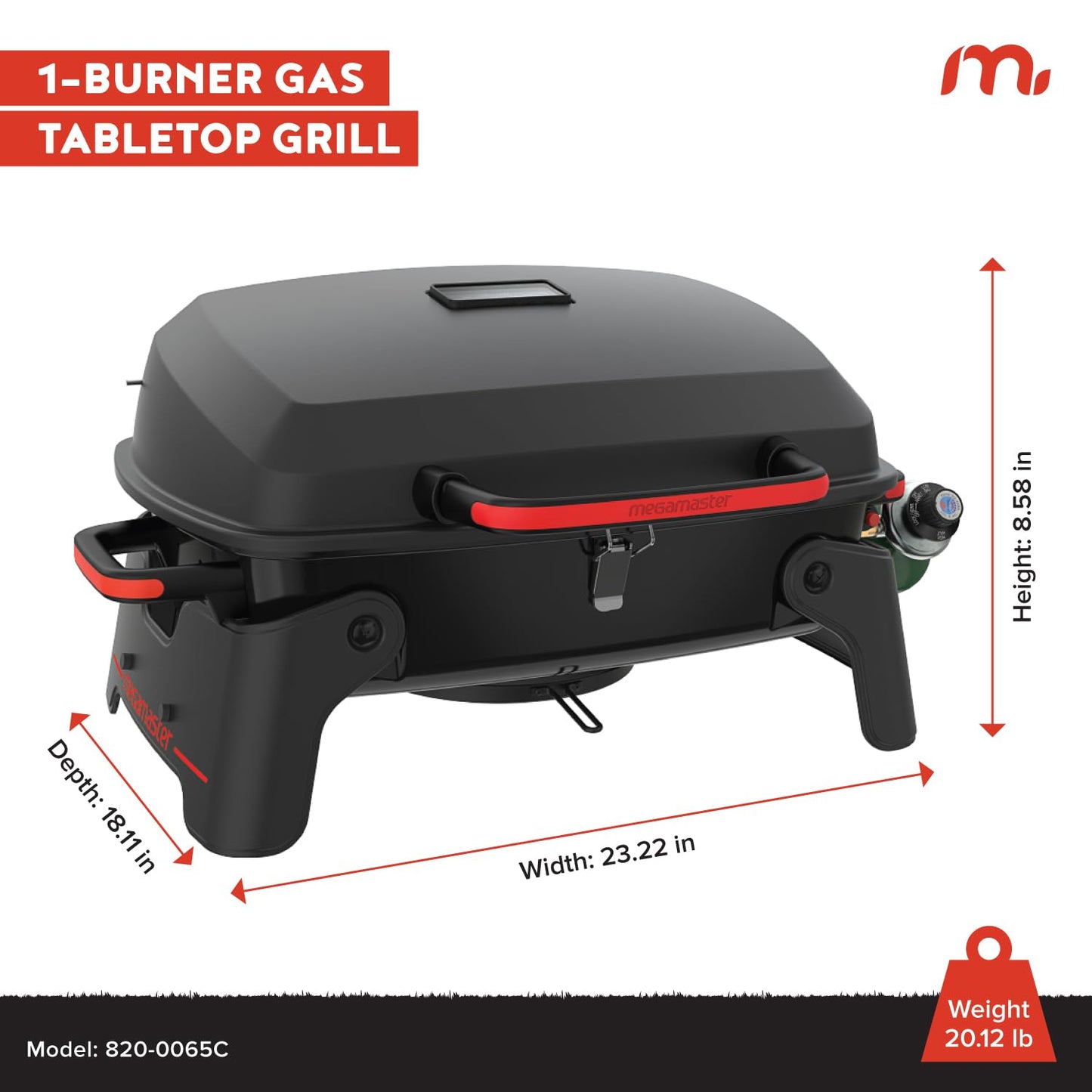 Megamaster Tabletop 1 Burner Gas Grill, Foldable Legs with Warming Rack