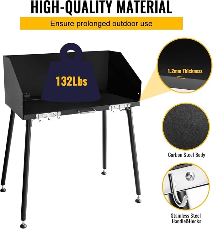 Carbon Steel Camp Cooking Table, Dutch Oven Table with Three-Sided Windscreen and Four Legs for Grill Travel Outdoor Picnic,Beach,BBQ,Backyards,38x16