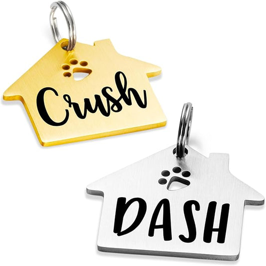 Ultra Joys Dog Tags Personalized for Pets - Hollow Paw Custom Pet ID Tag - Engraved Dog Tag for Small, Large Dogs - Small House in Silver