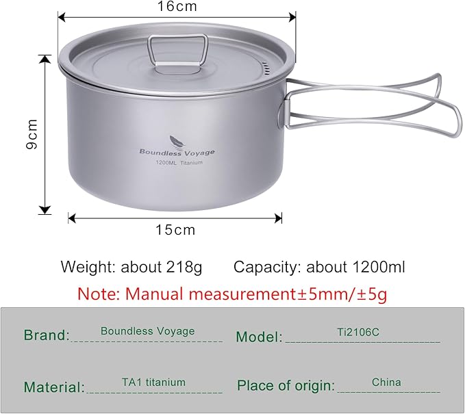 Boundless Voyage Titanium Pot Portable Camping Cookware Lightweight Cooking Pot Set for Outdoor Cooking Traveling Backpacking Hiking Trekking Picnic