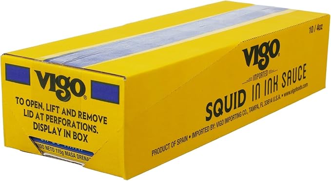 Vigo Premium Imported Canned Seafood, Squid in Ink Sauce, Specialty Flavored, Perfect for Recipes and Dishes (Squid in Ink Sauce, 4 Ounce (Pack of 10))