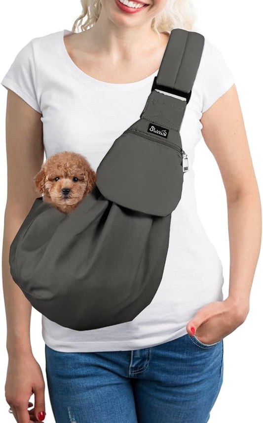 SlowTon Dog Carrier Sling - Thick Padded Shoulder Strap Adjustable Dog Carriers for Small Dogs, Puppy Carrier Purse for Pet Cat with Front Zipper Pocket Safety Belt Machine Washable (Gray, XS)
