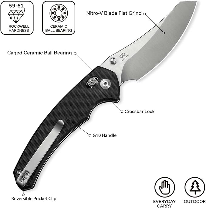 CIVIVI Sixgill Folding Pocket Knife for EDC, 3.41'' Nitro-V Blade G10 Handle, Deep Carry Reversible Clip, Gift for Men Women C24050-1 (Black)