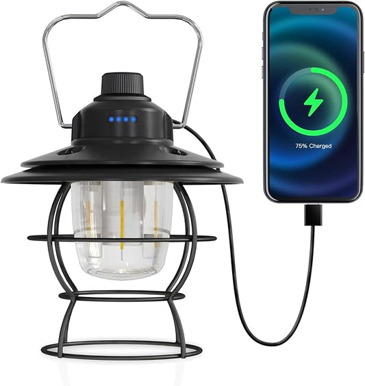 LED Camping Lantern Rechargeable Dimmable, Portable Vintage Outdoor Lantern 2700-6500K Waterproof, Hanging Retro Lamp Indoor Outdoor for Garden, Hiking, Emergency, Black