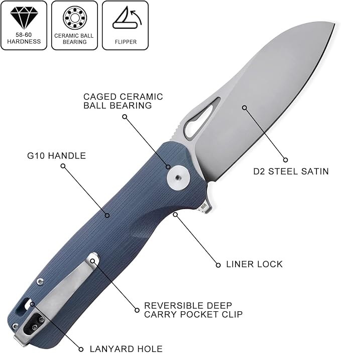 Petrified fish PF868 Bunta,3.35" D2 Satin Blade,146g G10 Handle Flipper Folding knife (Gray G10, Satin)